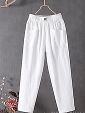 cheap Plain Cotton Linen Pant-Women&#039;s Normal Cotton Linen Pants Chinos Baggy Pants Solid Comfort Ankle-Length Mid Waist Side Pockets Elastic Waist Baggy Comfort Micro-elastic Casual Daily Black White Red Green Summer Spring Fall