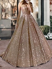 billiga GUL-Ballgown baldräkter lyxig klänning quinceanera födelsedag svep-/borstsläp ärmlös V-hals tyl V-bak med paljetter maskeraddräkt