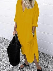 preiswerte Kleider-Damen Maxikleid Leinen-inspirierte Kleider Weißes Kleid Hemdblusenkleid Freizeitkleid Basic Lässig Winterkleid Urlaub Täglich Lässiger Schnitt Einfarbig Langarm Hemdkragen Weiß Gelb Rote Blau Sommer