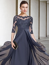 billiga Golvlängd-A-Linje Mor till Bruden Klänning Bröllopsgäst Elegant Plus Size Hög Låg Juvelhals Asymmetrisk Te-Längd Chiffong Spets Halvärmd med Rynkade Applikationer gratis skräddarsydd storlek