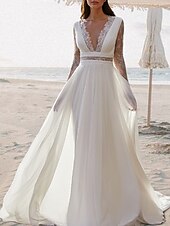 economico abiti da sposa casual-Matrimonio in Spiaggia Abiti da Sposa Boho con Schiena Scoperta A-Line Scollo a V Senza Maniche Lunghezza Piena Chiffon Abiti da Sposa con Pieghe 2025
