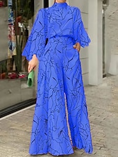 billiga formella jumpsuits-Dam Vanligt Jumpsuits Streetwear Blommig Långärmad Hög krage Ficka Mönster Dagligen Helgdag Normal Svart Vit Rodnande Rosa Höst