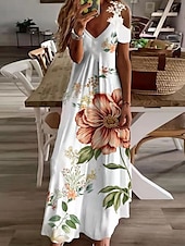 preiswerte Blumenkleid-Damen Maxi Kleid Freizeitkleid Blumenkleid Langkleid Schwarz Weiß Blau Kurzarm Blumenkalt Schulter Frühling Sommer V-Ausschnitt Fashion Alltag Urlaub Wochenende