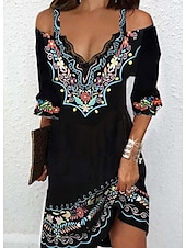 abordables Robes Bohémiennes-robe décontractée pour femmes robe ethnique mini robe noir manches 3/4 couleur pure impression été printemps automne col en v élégant 2023 s m l xl xxl 3xl