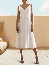 cheap Cocktail Dresses-A-Line Cocktail Dresses Elegant Dress Formal Wedding Guest Tea Length Sleeveless V Neck Chiffon with Ruched Pure Color Dresses