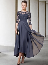 billiga Golvlängd-A-Linje Mor till Bruden Klänning Bröllopsgäst Elegant Plus Size Hög Låg Juvelhals Asymmetrisk Te-Längd Chiffong Spets Halvärmd med Rynkade Applikationer gratis skräddarsydd storlek