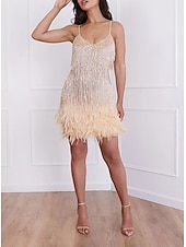 ieftine Rochii scurte și mini-Linia -A Scurt Mini Rochii de bal Strălucitor &amp; Sclipitor Sexy Fără manșon Bretele Spagheti Bal Petrecere Nuntă Paiete cu Pene Breton Paiete