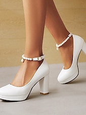 cheap Prom-Women&#039;s White High Heel Pumps with Pearl Ankle Strap – Elegant Platform Heels for Weddings, Prom, and Formal Occasions