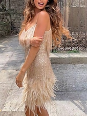 ieftine Rochii scurte și mini-Linia -A Scurt Mini Rochii de bal Strălucitor &amp; Sclipitor Sexy Fără manșon Bretele Spagheti Bal Petrecere Nuntă Paiete cu Pene Breton Paiete