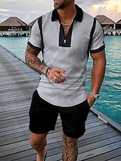 billige Herre Klassisk Polo-Herre Figurer POLO T-skjorte Skjortdrakter Kort Erme Skjorte V-hals Men&#039;s leisure suit utendørs Arbeid 3D-utskrift Svart / Hvit Svart Navyblå Grå Lyseblå Glidelås Flettet Klær Fritid
