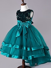 cheap Party Dresses-Kids Girls&#039; Dress Sequin Sleeveless Wedding Party Festival Sequins Bow Princess Sweet Cotton Polyester Midi Flower Girl&#039;s Dress Summer 4-13 Years Red Green