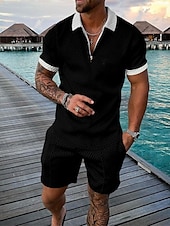 billige Herre Klassisk Polo-Herre Figurer POLO T-skjorte Skjortdrakter Kort Erme Skjorte V-hals Men&#039;s leisure suit utendørs Arbeid 3D-utskrift Svart / Hvit Svart Navyblå Grå Lyseblå Glidelås Flettet Klær Fritid