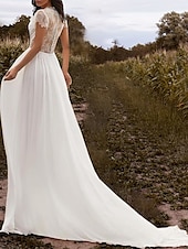 abordables robes de mariée décontractées-Robes de Mariée Dos Ouvert Plage A-Ligne Col en V Manches Courtes Traîne Court Chiffon Robes de Mariée Avec Plis 2025