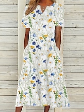 ieftine rochie florală-Rochie midi pentru femei Rochie casual Albă Mâneci scurte Floral Buzunar Primăvară Vară Decolteu în V Vacanță 2023 S M L XL XXL 3XL