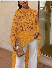 cheap Dressy Tops-Women&#039;s Shirt Blouse Tunic Black White Yellow Plain Lace See Through Long Sleeve Casual Going out Elegant Round Neck Long Slim S