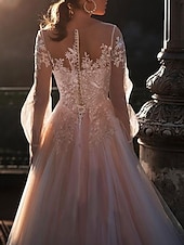 economico Abiti da sposa-Abiti da Matrimonio in Spiaggia a Colore Abiti da Matrimonio A-Line Collo Illusion Maniche Lunghe Strascico in Pizzo Bridal Gowns con Ricamo Applicazioni 2025
