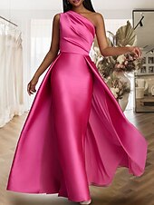 cheap PINK-Beach Wedding Sheath Evening Gown Elegant Dress Wedding Guest Cocktail Party Floor Length Sleeveless One Shoulder Satin with Overskirt Pure Color 2025