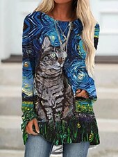 ieftine topuri tunică-Pentru femei Tricou Tunică Marron Galben Verde Deschis Geometric Plisat Imprimeu Manșon Lung Casual Tunici Epocă Έθνικ Rotund Lung Tema boem Geometric ă Mărime Plus S