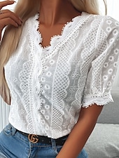 billige Blonder topper-Dame Skjorte Bluse Hvit عادي Blonde Kortermet Daglig Helg Gatemote Fritid V-hals Normal S