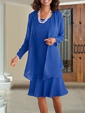 economico Con giacca-Abito da sposa A linea in spiaggia madre della sposa invitata a un matrimonio elegante copertura inclusa scollo a gioiello lunghezza ginocchio in chiffon senza maniche con ruches colore solido 2025