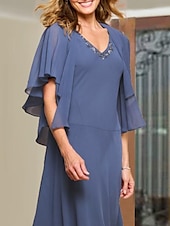 voordelige Met Jas-Twee Delen A-Lijn Moeder van de Bruid Jurk Bruiloft Gast Elegant Plus Size V Hals Thee Lengte Chiffon Korte Mouw Met Wikkel Inclusief Korte Jas Jurken met Beading Ruffles 2025 gratis maat op maat