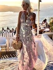 ieftine Rochii de Vacanță-Pentru femei Rochie de petrecere Rochie de Vară Rochie A line Rochie Lunga Rochie Maxi Negru Galben Roz Îmbujorat Fără manșon Culoare pură Sclipici Vară Primăvară V Adânc Vacanță Petrecere Vacan