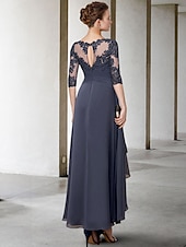 billiga Golvlängd-A-Linje Mor till Bruden Klänning Bröllopsgäst Elegant Plus Size Hög Låg Juvelhals Asymmetrisk Te-Längd Chiffong Spets Halvärmd med Rynkade Applikationer gratis skräddarsydd storlek