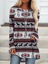 ieftine topuri tunică-Pentru femei Tricou Tunică Marron Galben Verde Deschis Geometric Plisat Imprimeu Manșon Lung Casual Tunici Epocă Έθνικ Rotund Lung Tema boem Geometric ă Mărime Plus S