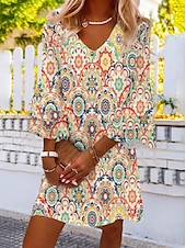 ieftine Rochii cu Imprimeu-Pentru femei Rochie casual Rochie etnică Rochie de schimb Rochie Mini Portocaliu Bej Lungime Manșon 3/4 Floral Bufantă Vară Primăvară În V Vacanță Potrivire Largă 2023 S M L XL XXL 3XL