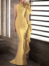 preiswerte Meerjungfrau Abendkleider-Meerjungfrau Abendkleid Elegantes Kleid Verlobung Formale Abendkleidung Bodenlänge Ärmellos Juwel Dekolleté Herbst Hochzeitsgast Stretch-Satin mit Applikationen Maskeradenkleid