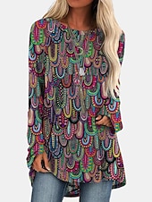 ieftine topuri tunică-Pentru femei Tricou Tunică Marron Galben Verde Deschis Geometric Plisat Imprimeu Manșon Lung Casual Tunici Epocă Έθνικ Rotund Lung Tema boem Geometric ă Mărime Plus S