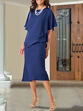 economico Lunghezza del tè-Abito A-Line per la madre della sposa Ospite di nozze Elegante Taglie forti Collo a gioiello Lunghezza tè Chiffon Maniche corte con rouches 2025 taglia personalizzata gratuita