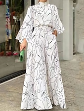 billiga formella jumpsuits-Dam Vanligt Jumpsuits Streetwear Blommig Långärmad Hög krage Ficka Mönster Dagligen Helgdag Normal Svart Vit Rodnande Rosa Höst