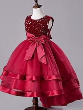 cheap Party Dresses-Kids Girls&#039; Dress Sequin Sleeveless Wedding Party Festival Sequins Bow Princess Sweet Cotton Polyester Midi Flower Girl&#039;s Dress Summer 4-13 Years Red Green