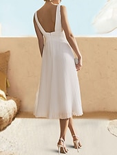cheap Cocktail Dresses-A-Line Cocktail Dresses Elegant Dress Formal Wedding Guest Tea Length Sleeveless V Neck Chiffon with Ruched Pure Color Dresses