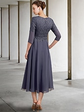 cheap Floor Length-A-Line Mother of the Bride Dress Wedding Guest Elegant Plus Size V Neck Tea Length Chiffon Lace 3/4 Length Sleeve with Ruffles Appliques 2025 free custom size