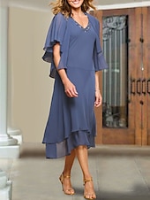 voordelige Met Jas-Twee Delen A-Lijn Moeder van de Bruid Jurk Bruiloft Gast Elegant Plus Size V Hals Thee Lengte Chiffon Korte Mouw Met Wikkel Inclusief Korte Jas Jurken met Beading Ruffles 2025 gratis maat op maat