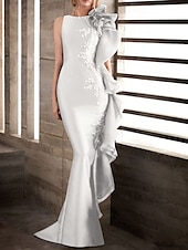 abordables Robes de Soirée Sirène-Robe de soirée sirène élégante Robe engagement officielle soirée traîne balayage sans manches encolure bijou invitée de mariage d&#039;automne satin extensible avec appliqués robe de masquerade