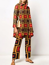 cheap Women&#039;s Blouse Suits-Women&#039;s 2 Pieces Elegant Vintage Fashion Shirt Blouse Pants Trousers Long Sleeve Shirt Collar Geometric Print Office Work Business Black Yellow Brown Fall &amp; Winter Loose Fit