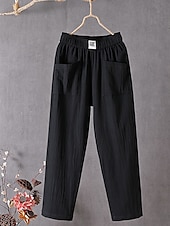 cheap Plain Cotton Linen Pant-Women&#039;s Normal Cotton Linen Pants Chinos Baggy Pants Solid Comfort Ankle-Length Mid Waist Side Pockets Elastic Waist Baggy Comfort Micro-elastic Casual Daily Black White Red Green Summer Spring Fall