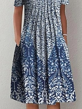 billiga Boho klänningar-Kvinnors Midi Klänning Avslappnad Klänning Shift Klänning Blommönster Rynktryck Crew Hals Grundläggande Klassisk Daglig Semester Kort Ärmar Sommar Vår