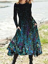 levne Šaty umění a designu-Ženské midi šaty volnočasové šaty zimní šaty swing šaty dovolená móda základní formální dovolená večírek pravidelně padnoucí tie dye barevný gradient dlouhý rukáv posádka krk žlutá modrá velbloudí