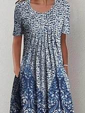 billiga Boho klänningar-Kvinnors Midi Klänning Avslappnad Klänning Shift Klänning Blommönster Rynktryck Crew Hals Grundläggande Klassisk Daglig Semester Kort Ärmar Sommar Vår