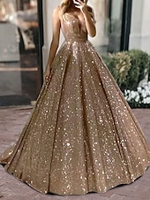 billiga GUL-Ballgown baldräkter lyxig klänning quinceanera födelsedag svep-/borstsläp ärmlös V-hals tyl V-bak med paljetter maskeraddräkt