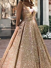 billiga GUL-Ballgown baldräkter lyxig klänning quinceanera födelsedag svep-/borstsläp ärmlös V-hals tyl V-bak med paljetter maskeraddräkt