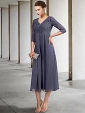 cheap Floor Length-A-Line Mother of the Bride Dress Wedding Guest Elegant Plus Size V Neck Tea Length Chiffon Lace 3/4 Length Sleeve with Ruffles Appliques 2025 free custom size