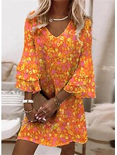 ieftine Rochii cu Imprimeu-Pentru femei Rochie casual Rochie etnică Rochie de schimb Rochie Mini Portocaliu Bej Lungime Manșon 3/4 Floral Bufantă Vară Primăvară În V Vacanță Potrivire Largă 2023 S M L XL XXL 3XL