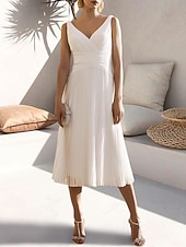 cheap Cocktail Dresses-A-Line Cocktail Dresses Elegant Dress Formal Wedding Guest Tea Length Sleeveless V Neck Chiffon with Ruched Pure Color Dresses