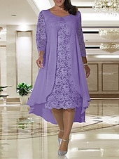 cheap With Jacket-Beach Wedding A-Line Mother of the Bride Dress Wedding Guest Elegant Plus Size Jewel Neck Knee Length Chiffon Lace Long Sleeve with Lace free custom size