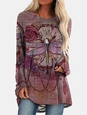 ieftine topuri tunică-Pentru femei Tricou Tunică Marron Galben Verde Deschis Geometric Plisat Imprimeu Manșon Lung Casual Tunici Epocă Έθνικ Rotund Lung Tema boem Geometric ă Mărime Plus S